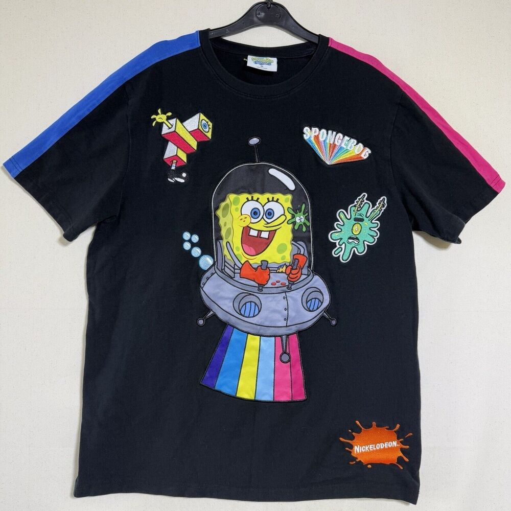 SpongeBob SquarePants Black T-Shirt, Embroidered, Stephen Hillenburg Men's XL